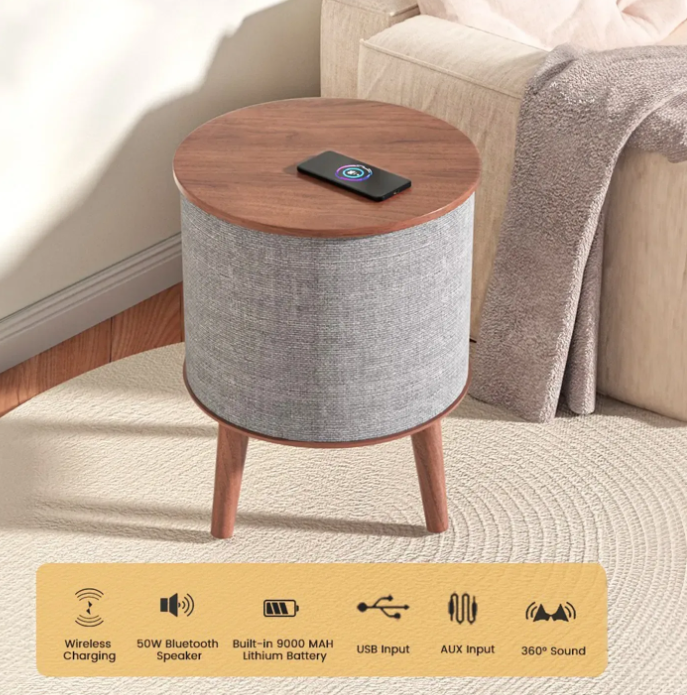 Nourest 3-in-1 Wireless Charging Side Table with Bluetooth Speaker, Walnut