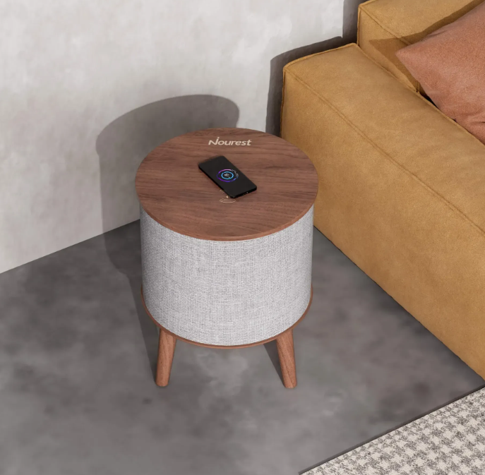 Nourest 3-in-1 Wireless Charging Side Table with Bluetooth Speaker, Walnut