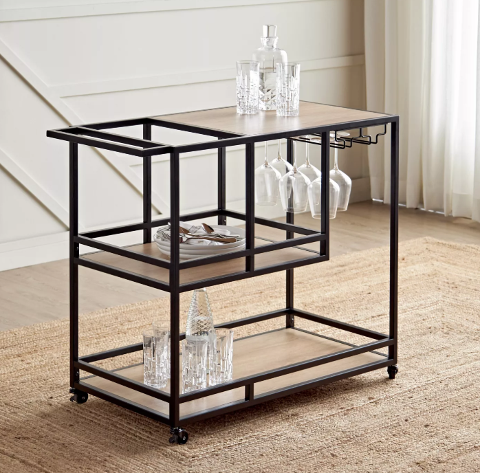 Modern Serving Trolley with Multiple Shelves & Glassware Hooks