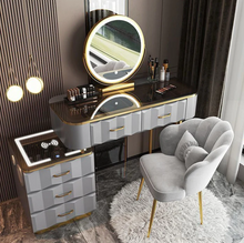 تحميل الصورة إلى عارض المعرض، Modern Glass Smart Dressing Table, featuring a smart mirror, wireless charging side table &amp; stool
