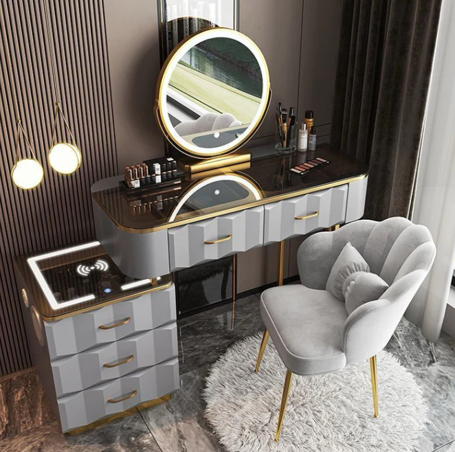 Modern Glass Smart Dressing Table, featuring a smart mirror, wireless charging side table & stool