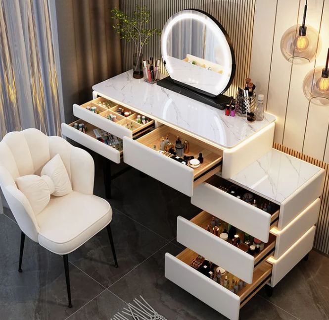 Modern Luminous Makeup Vanity Desk with Mirror and Stool