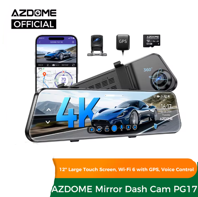 AZDOME PG17 4K Rearview Mirror Camera 12-inch Touch Screen Rearview Mirror Car DVR Night Vision