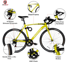 Load image into Gallery viewer, Mogoo Bolt 22-Inch Road Bike | 22-Inch Wheel Size | Adjustable Seat | Shimano Gears | For Adults |Yellow Color
