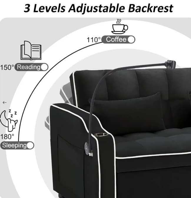 Sleeper Sofa Couch Bed 3 in 1 , Velvet Convertible Loveseat Sleeper Sofa Bed, Pull Out Sofa Bed With USB Port
