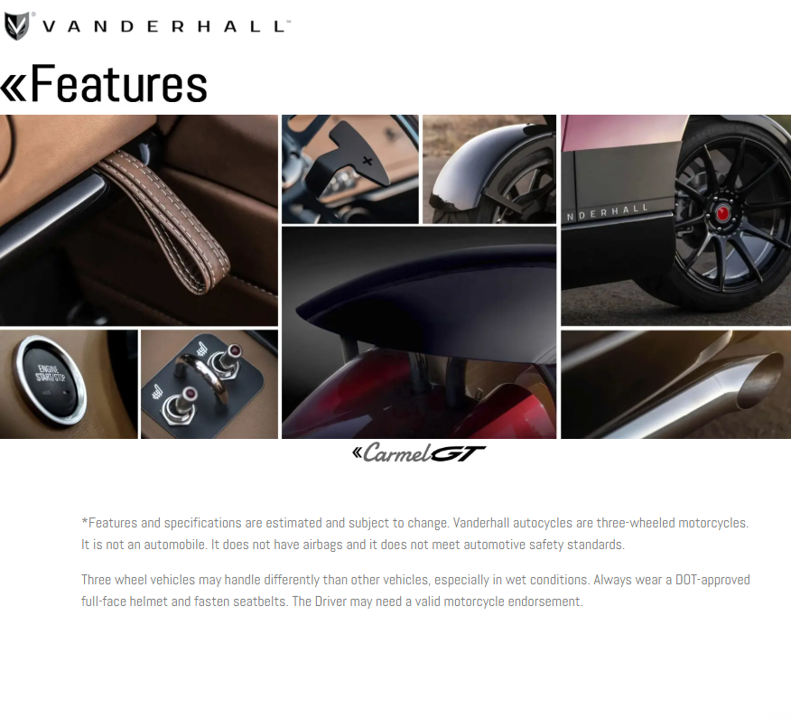 Vanderhall Carmel Luxury Three-Wheel Roadster 185Hp 136Kw 280Nm 1.5L 4 Cylinder