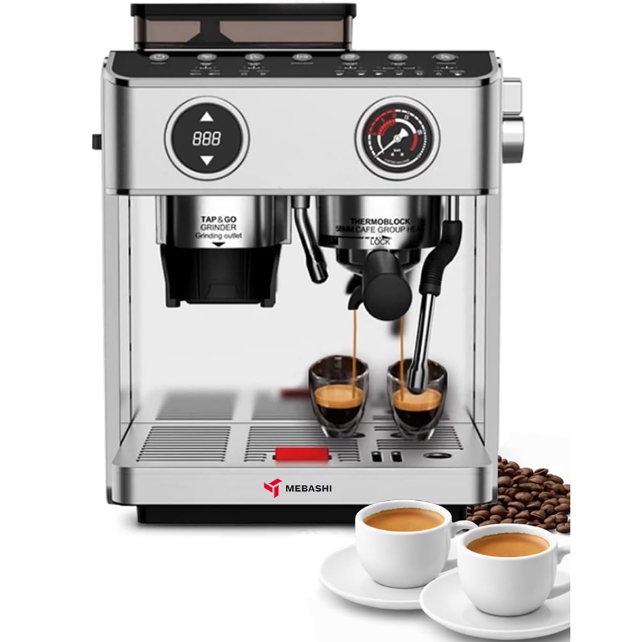 MEBASHI Commercial Coffee Machine with Touch Screen, Dual Boiler & Built-in Grinder, 20 Bar, Steel