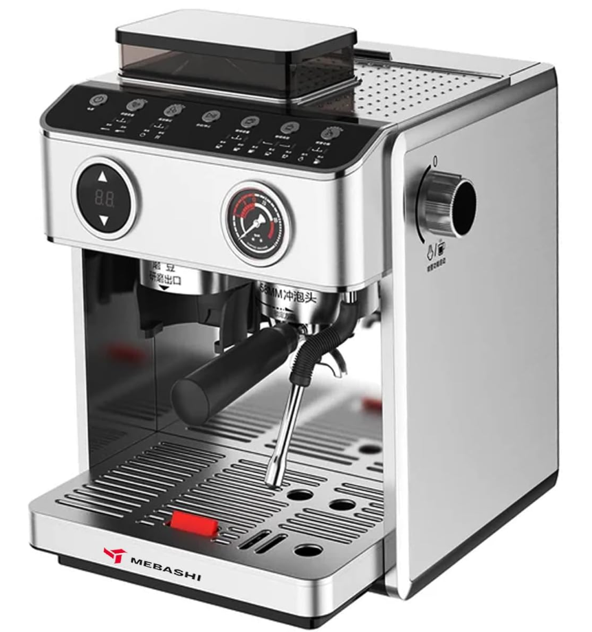 MEBASHI Commercial Coffee Machine with Touch Screen, Dual Boiler & Built-in Grinder, 20 Bar, Steel