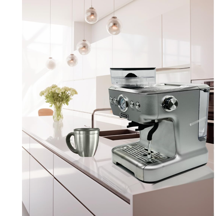 Espresso Coffee Machine with Integrated Grinder, 2.7L Capacity, 20 Bar Pressure, Stainless Steel