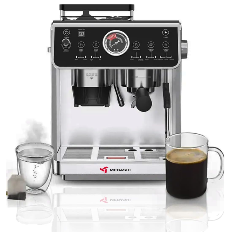 Commercial Coffee Machine, Dual Boiler with Integrated Coffee Grinder, 2.1L Capacity, 20 Bar Pressure, Stainless Steel