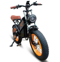Load image into Gallery viewer, A Kugoo Kirin V5 electric bike with fat tires, a black frame, orange wheels, and a visible headlight.
