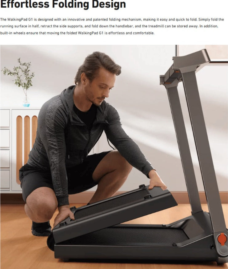 King Smith WalkingPad G1 Foldable Treadmill in black, unfolded and in use, showing its sleek design and user-friendly interface.