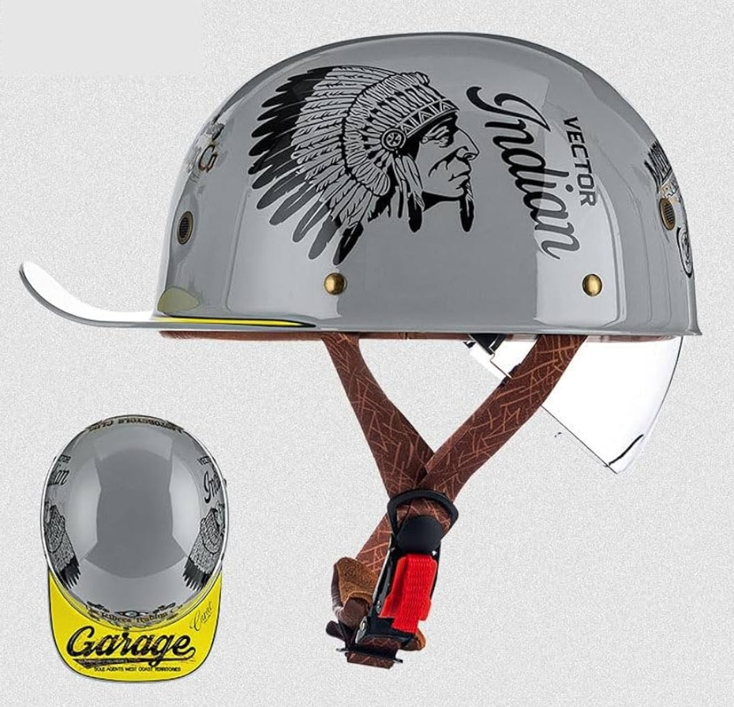 Retro Style Baseball Cap Half Helmet Red indian- Gray