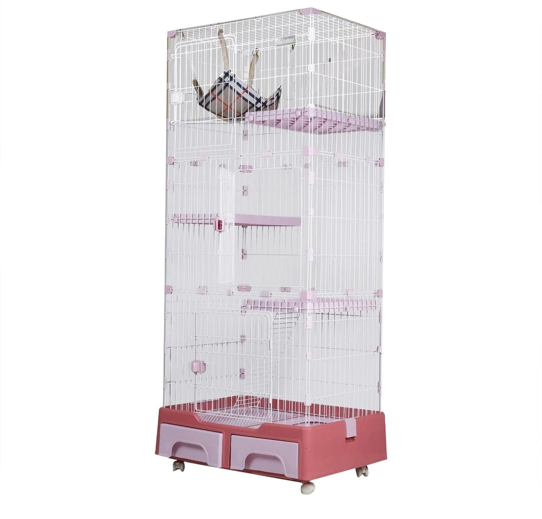 Cat Cage With 4 Layer Litter Box W/ Swing & Wheels, XL - Pink